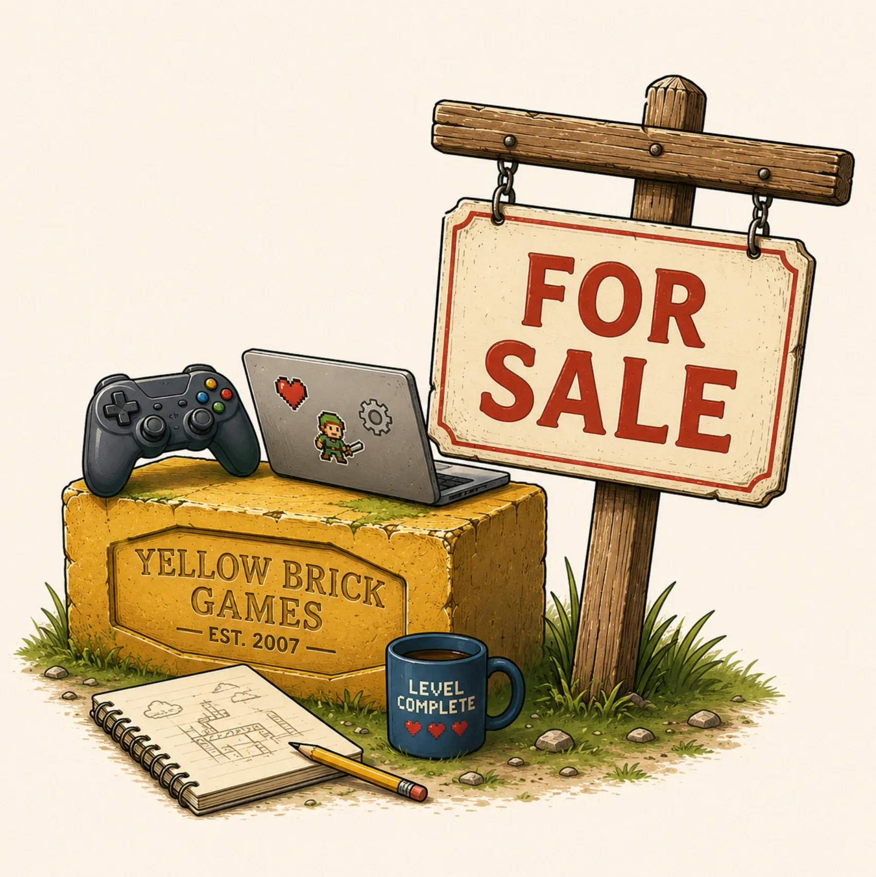 Illustration of a Yellow Brick Games brick beside a for sale sign and gaming equipment