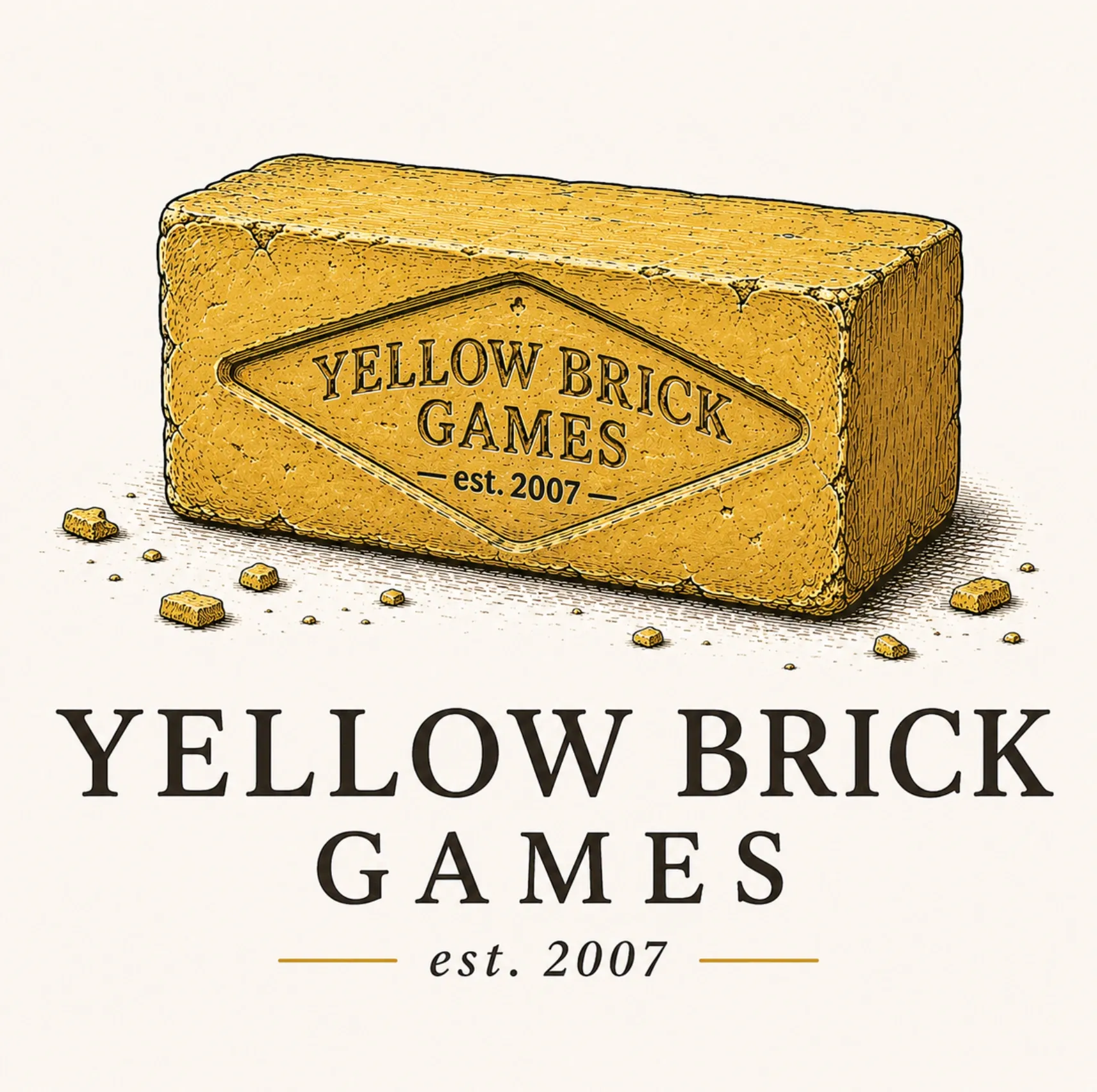 Illustrated Yellow Brick Games logo on a yellow brick